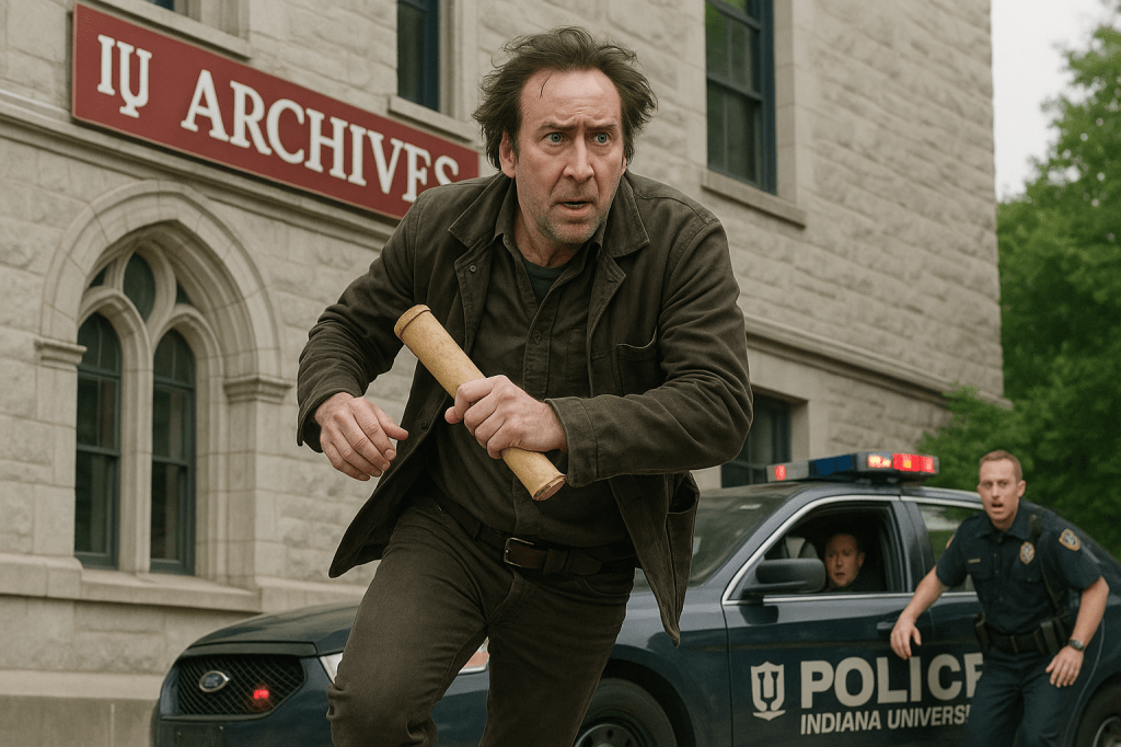 Disheveled Nicolas Cage Seen Leaping from IU Archives Balcony, Clutching&nbsp;Scroll